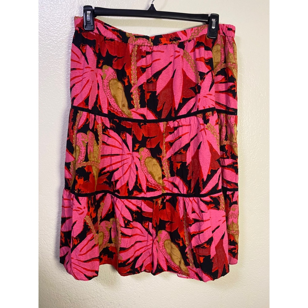 J Crew Pink Tropical Palm Leaf Tiered Midi Skirt XL Elastic Waist Lace Trim